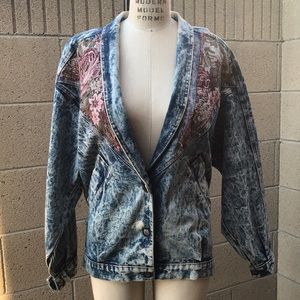 VINTAGE | Blue Acid Stone Wash Denim Tapestry Patch Jacket 80’s